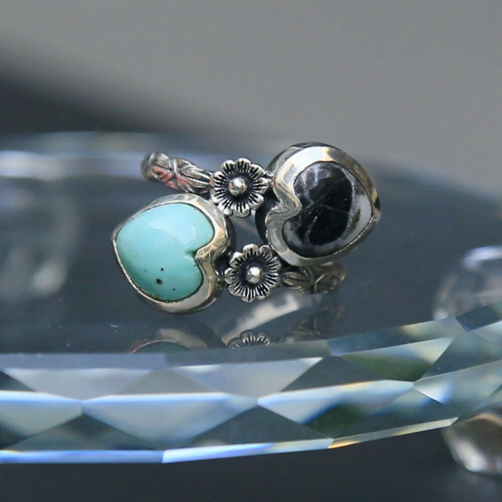 Artisan ✦ Tahoe Nevada Turquoise & White Buffalo Heart Ring ✦ 925 Bypass Size 7 - Picture 7 of 12